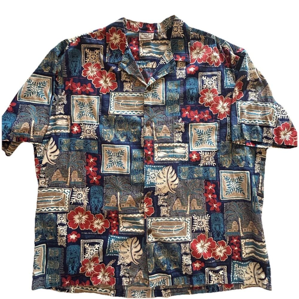 Vtg Aloha Hut Hawaiian Men’s Shirt Blue Red Hibiscus Canoe 100% Cotton Size 2X